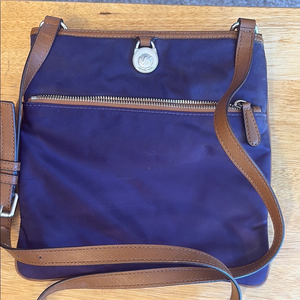 Michael Kors Purple and Brown Messenger Bag with Leather Trim